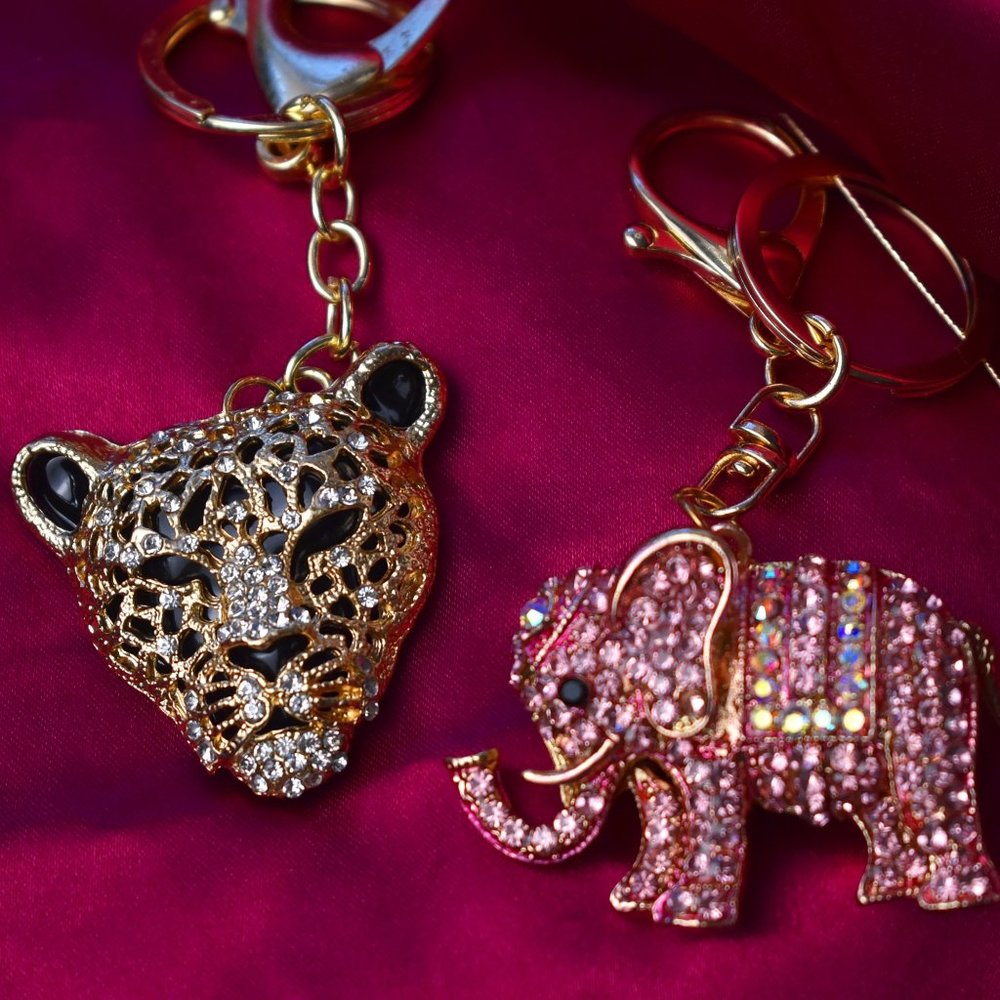 Boho Festival style crystal embellished Leopard or Elephant Keychains